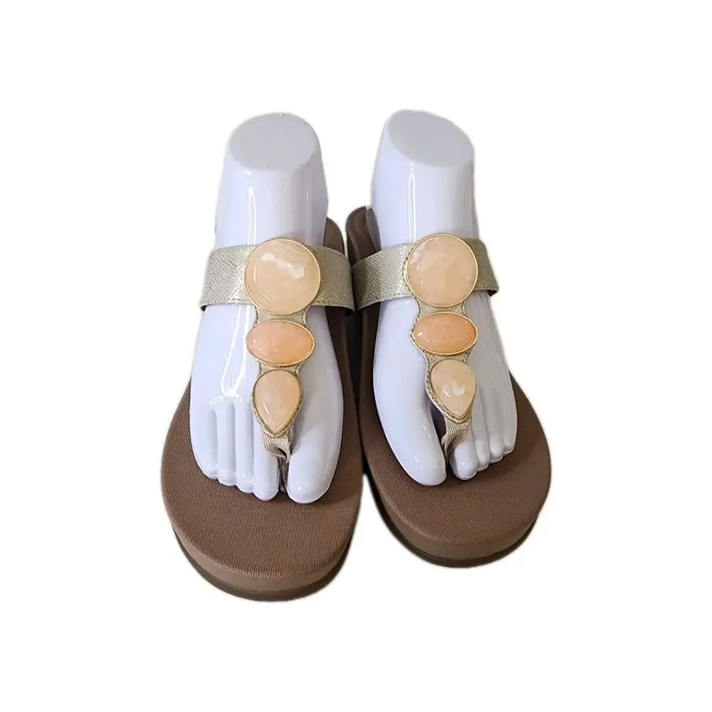 Aetrex Elyse Sz 9/9.5 Thong Wedge Sandal Stone Gem Embellished EUC
